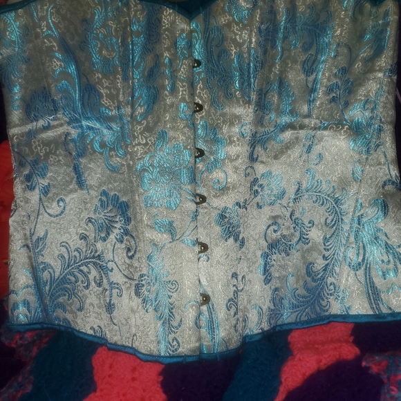 White and Blue Shiney Over Bust Lace Up Corset - Picture 6 of 13